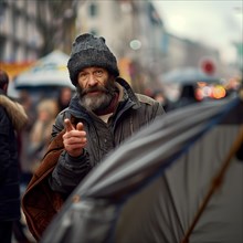 A begging man in winter clothes stands on a street and holds out his hand for help, AI generated