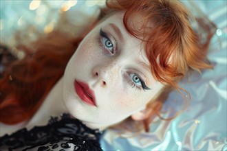 Beautiful woman with freckles, and red hair in elegant evening hairstyle. KI generiert, generiert,