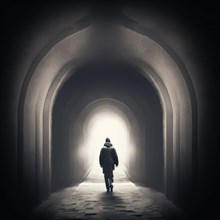 Silhouette of a person walking towards light at the end of a dark tunnel, AI generated