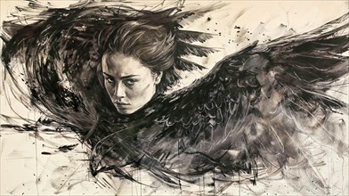 Abstract depiction of a flying woman with bird, united in a powerful movement, raven woman, cover