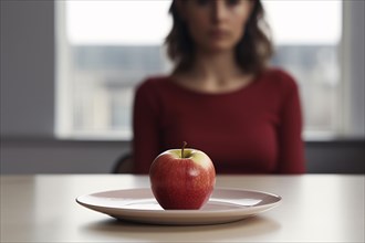 Plate with apple with woman on diet in blurry background. KI generiert, generiert, AI generated