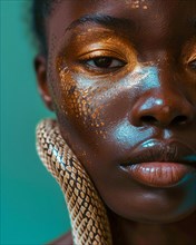 Intense look of a woman with artistic golden makeup and a snake on a teal background, blurry teal