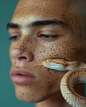 Somber portrait with fine details, featuring a calm expression and a snake on the shoulder, blurry