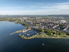 Aerial view of the town of Radolfzell on Lake Constance with the Waeschbruckhafen, harbour pier and