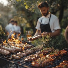 Barbecue party, guests with glasses in their hands stand around a chef who is grilling sausages and
