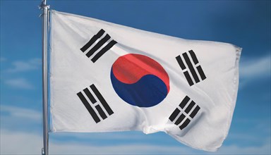 The flag of Korea, South Korea flutters in the wind, isolated against a blue sky