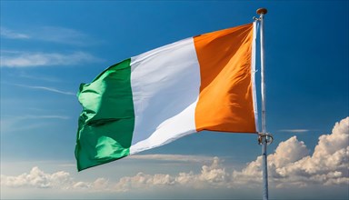 The flag of Ireland flutters in the wind, isolated against a blue sky