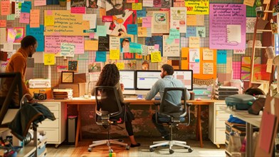 A bustling office scene with workers at desks surrounded by colorful sticky notes, AI generated