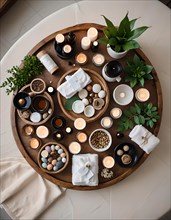 Overhead view of a tranquil wellness spa arrangement featuring candles, towels, and natural
