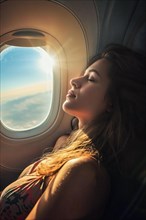 Woman sleeping relaxed at the aircraft window next to the bright sky outside, AI generated, AI