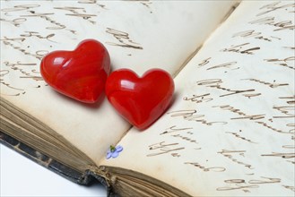 Red hearts on diary page