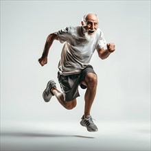 An old man in a grey sports outfit full of power in running action on a white background, start