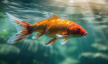 Close-up of a koi fish gliding through the clear waters of a pond AI generated