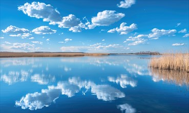 A serene spring lake reflecting the clear blue sky and fluffy white clouds AI generated
