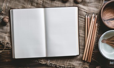 A sketchbook open to a blank page with graphite pencils beside it AI generated