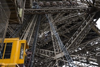 Eiffel Tower, historic lift car, close-up, Paris, Ile-de-France, France, Europe