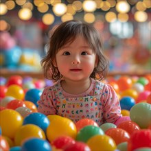A joyful toddler in a colorful ball pit with bright lights in the background, AI Generated, AI