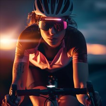 A cyclist rides at sunset and concentrates on the road, AI generated