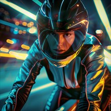Cyclist races through an urban environment with colourful lights at night, AI generated