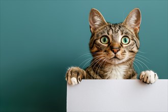 Tabby cat holding empty white paper in front of blue tudio background with copy space. Generative