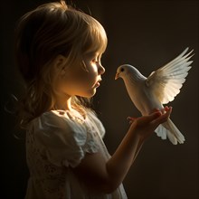 A child holding a dove, both illuminated by a beam of light in the dark, Destroyed houses, War,