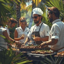 Barbecue party, guests with glasses in their hands stand around a chef who is grilling sausages and