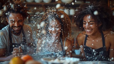 Joyful friends in a kitchen experiencing a playful moment with a flour explosion during baking, AI