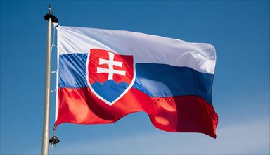 The flag of Slovakia flutters in the wind, isolated against a blue sky