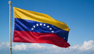 The flag of Venezuela, fluttering in the wind, isolated against a blue sky