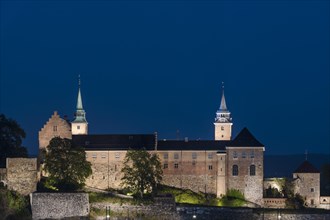 Illuminated Akershus Festning, Akershus Fortress, Oslo, Norway, Europe
