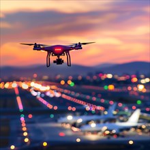 A drone with red lighting flies over an illuminated airport at night, drone, attack, AI generated