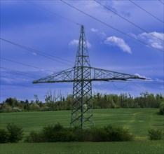 Electricity pylon with high-voltage lines near the Avacon substation Helmstedt, Helmstedt, Lower