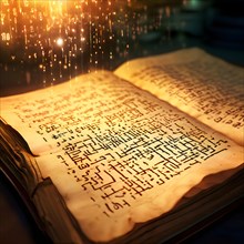AI generated ancient manuscript with text gradually transforming into a glowing digital code