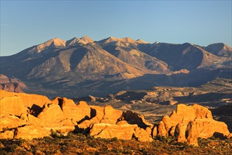 View over the Sand Arches to the La Sal Mountains, Arches National Park, Utah, USA, Arches National