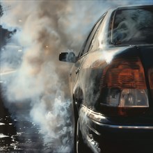 The image shows the reflection on a car with a smoking exhaust system, smoke development in and on