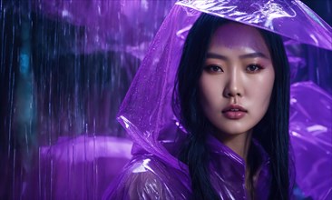 Beautiful asian woman in purple raincoat walking in the city. ai generative, AI generated