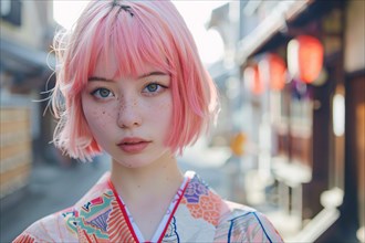 Beautiful young woman with pink hair and kimono in city street. KI generiert, generiert, AI