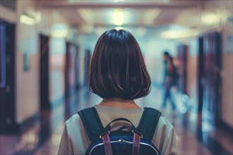 Back view of young teenager girl in high school corridor. KI generiert, generiert, AI generated