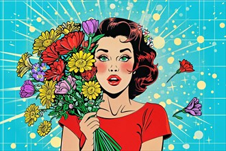 Smiling woman in pop art style holding a bouquet of flowers, surrounded by butterflies on a