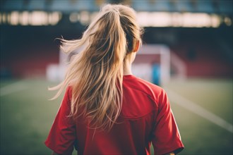 Back view of young woman playing soccer. KI generiert, generiert, AI generated