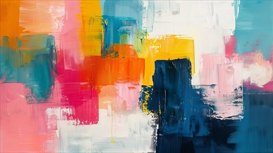 Contemporary abstract canvas with blocks of color in pink, yellow and blue with pastel tones, ai