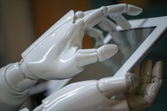 Whire robitic artificial intelligence hand on digital computer tablet. KI generiert, generiert, AI