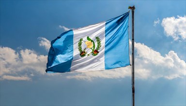 The flag of Guatemala, fluttering in the wind, isolated, against the blue sky
