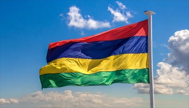The flag of Mauritius, fluttering in the wind, isolated, against the blue sky