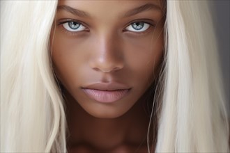 Beautiful black african american woman with dark skin, white blond hair and blue eyes. KI