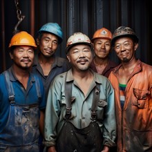 Five construction workers with helmets pose together in front of a dark wall, group picture with