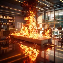 A modern office building experiences a massive fire inferno that causes chaos inside, AI generated
