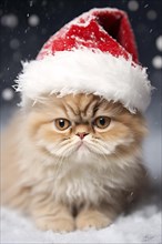 Cute persian cat with red Christmas santa hat in snow. KI generiert, generiert, AI generated