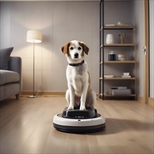 Dog sits relaxed on a robot hoover in the middle of the living room, AI generated