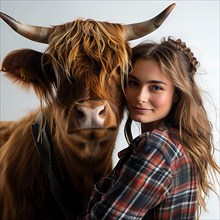 A woman and a Scottish Highland cow share a moment of eye contact, AI generated